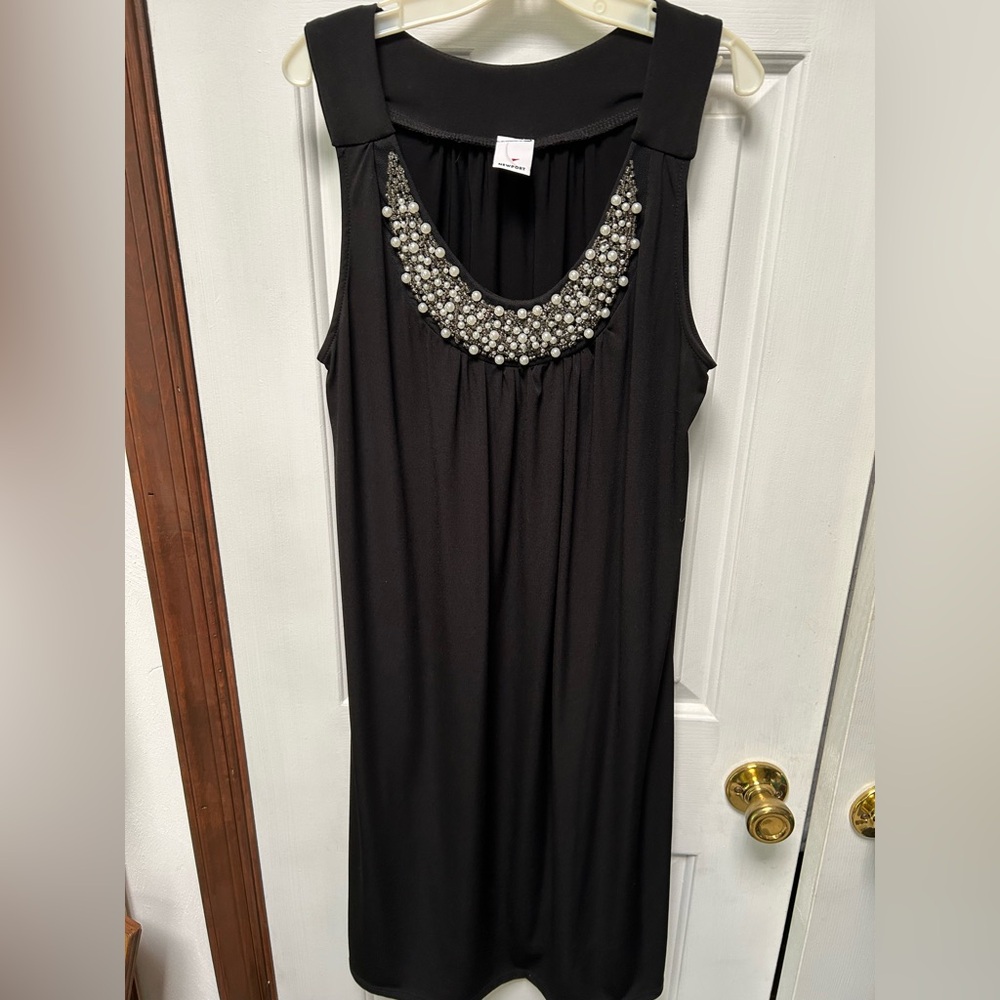 Black Sleeveless Dress with Pearl Beaded Embellishment Neckline. Medium.